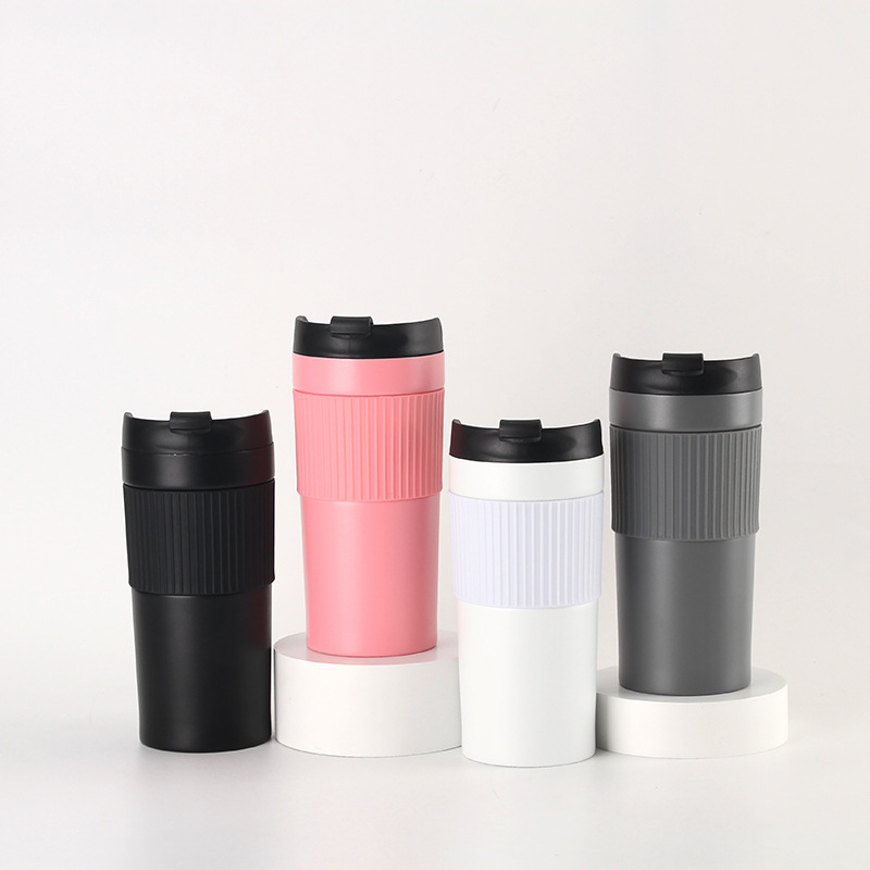 New cross-border silicone sleeve stainless steel coffee cup, double-layer stainless steel insulated cup with press rod and filter screen full figure