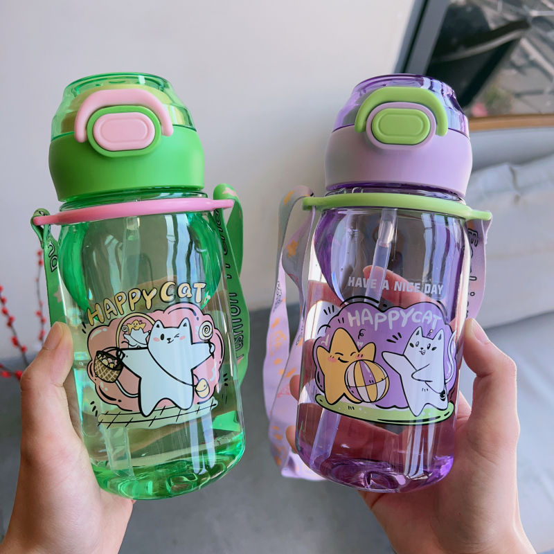 Children's straw cup, large capacity, high appearance level in summer, heat-resistant plastic, anti-drop, special double drinking water pot for students to go to school full figure