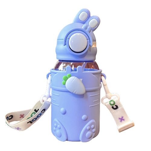 Cute tilted head rabbit plastic cup, children's cup, portable water cup, high appearance level, high-temperature resistant, summer bouncy cup Item Picture