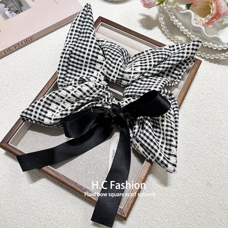 Large bow, checkered square scarf, hair tie, large intestine circle, Korean-style square low ponytail hair tie, hair tie, hair band Specification drawing