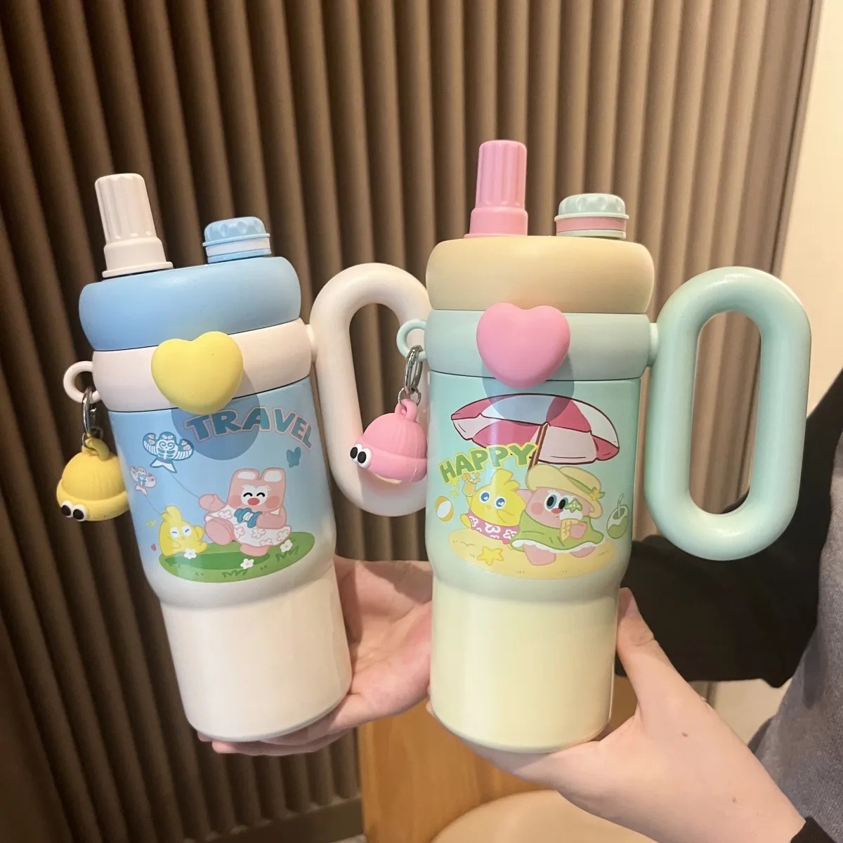 Cartoon doll stainless steel insulated cup, large-capacity straw cup for girls, high ins appearance level, portable handle water cup full figure