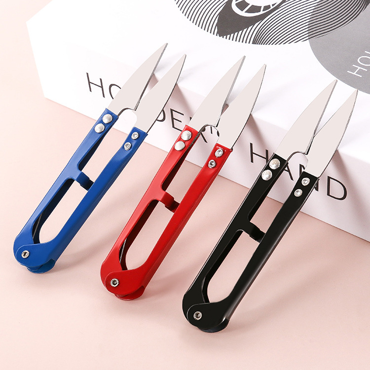 Household daily U-shaped spring yarn scissors, large cross-stitch clothing thread end cutting and sewing scissors, colorful ironwork small scissors full figure