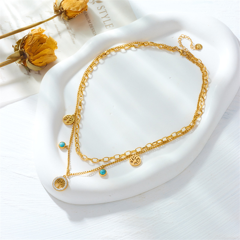 A fashionable, niche, retro, simple and high-end round diamond-encrusted life tree turquoise pendant double-layer chain necklace Specification drawing