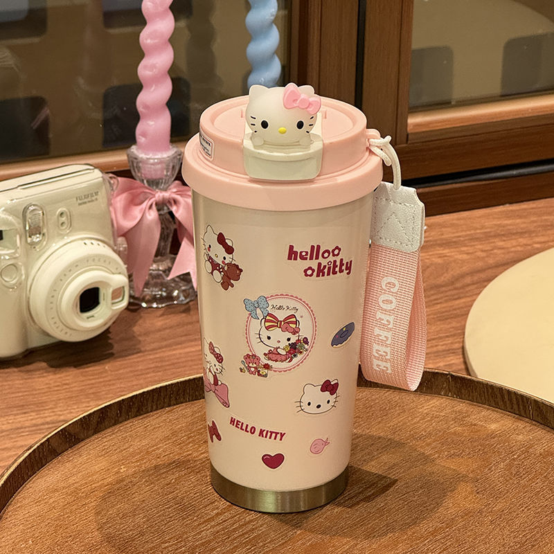 316 insulated cup, Korean style, high appearance level, cartoon kt coffee cup with handle, double drinking cup, insulated water cup, straw Specification drawing