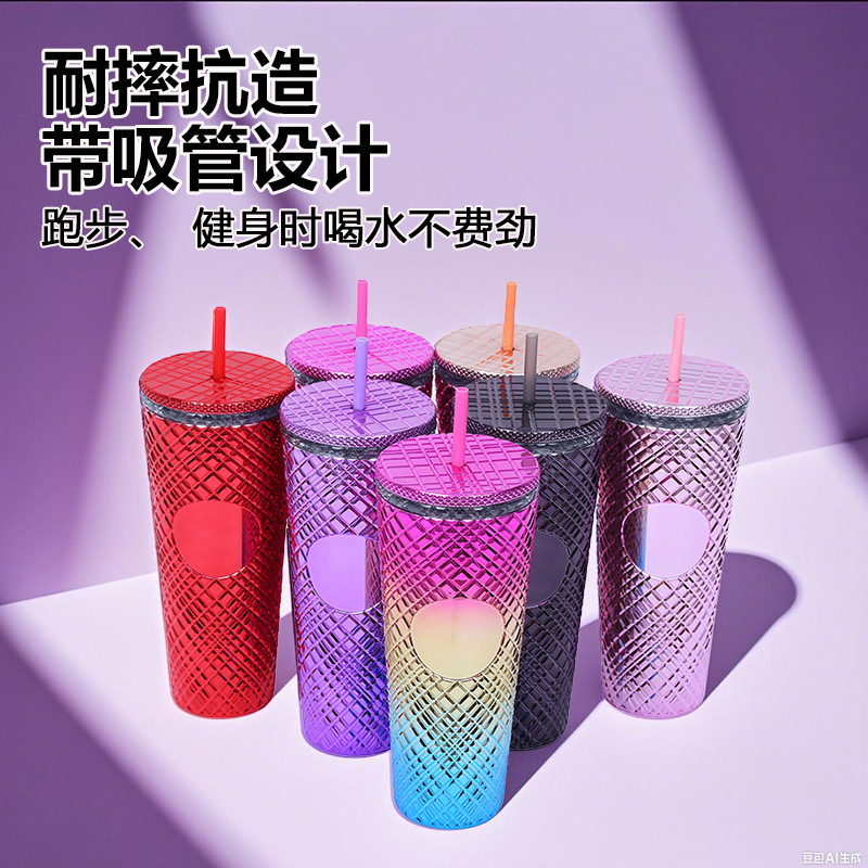 Amazon factory direct supply 710ml large-capacity water cup, irregular grid conical plastic cup, popular straw cup Application Scenario