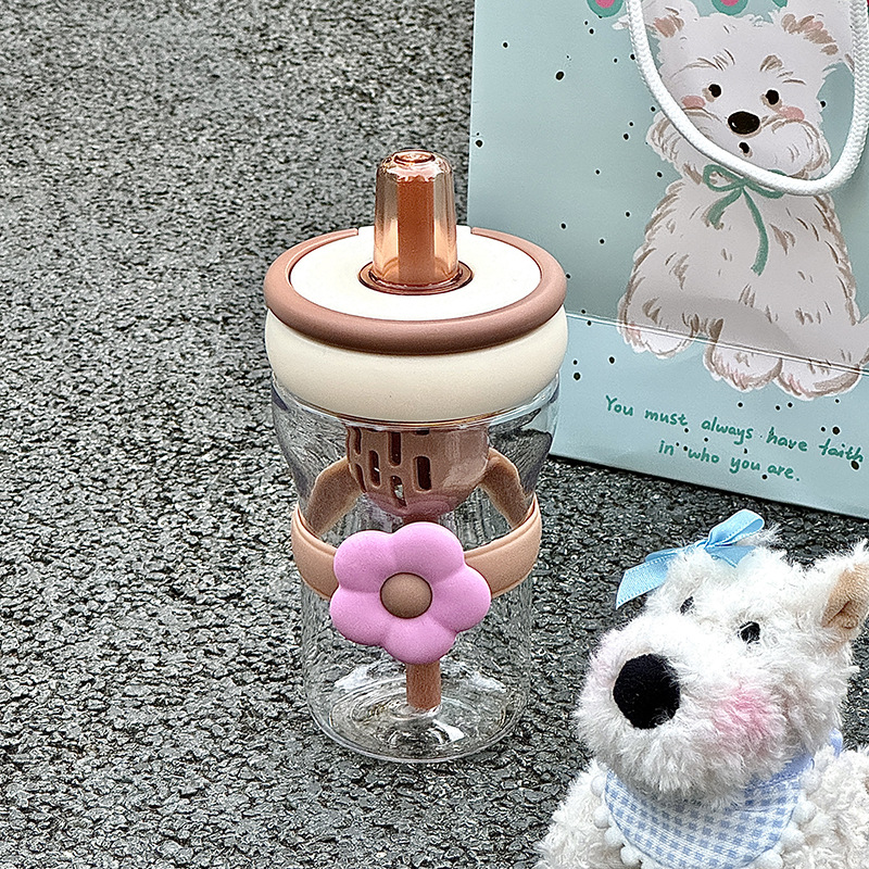 Flower plastic cup, super cute and simple straw water cup, ins high appearance level, girls' flower tea tea water cup, separated water cup Specification drawing