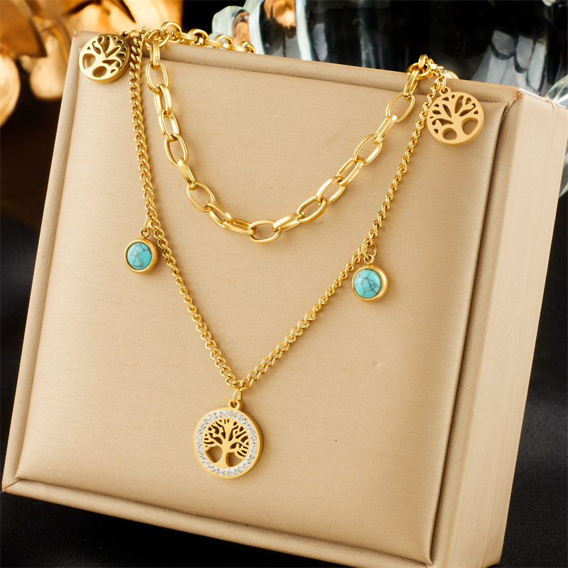 A fashionable, niche, retro, simple and high-end round diamond-encrusted life tree turquoise pendant double-layer chain necklace full figure
