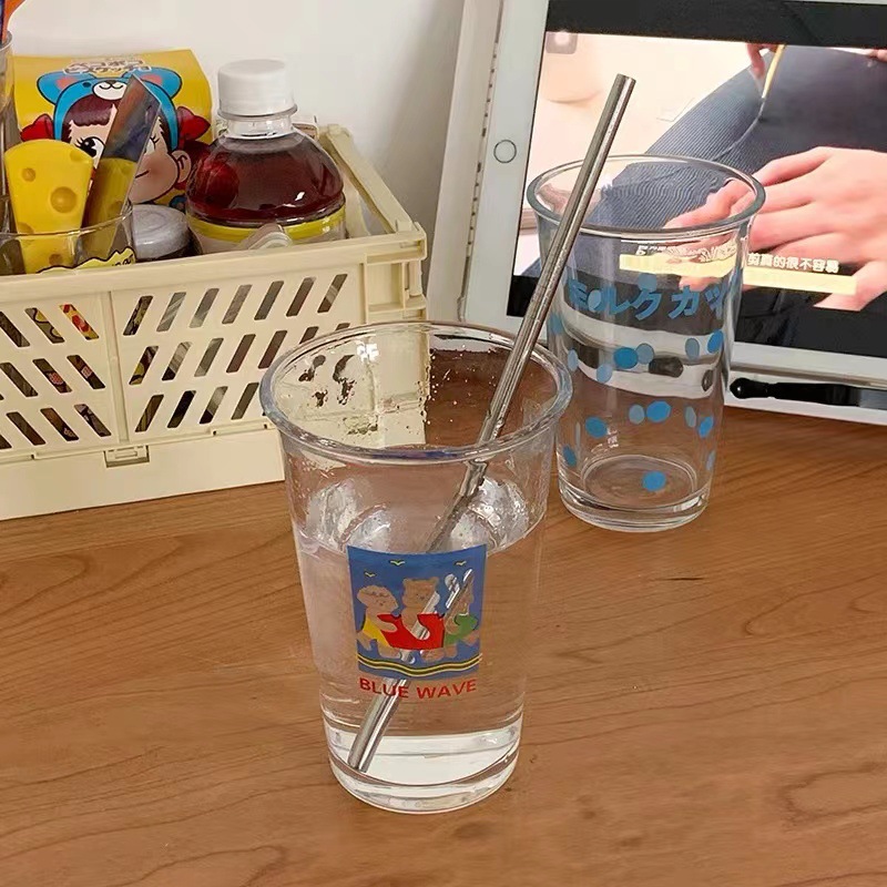 Printed glass cups, cute angel bear, large-capacity home breakfast milk cups, cold drink water cups Specification drawing