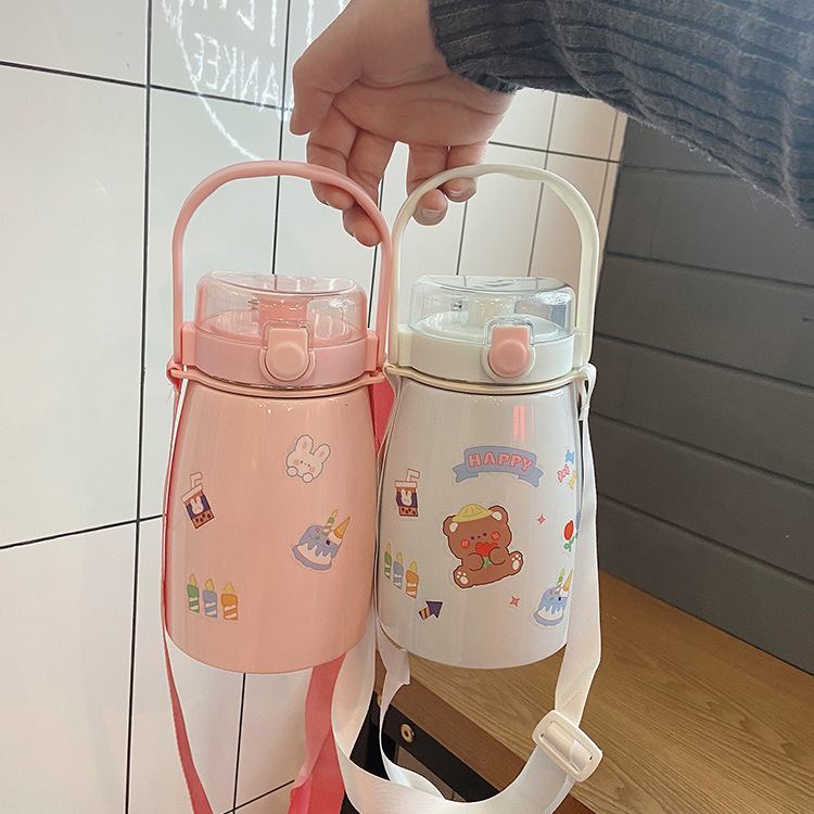 Cute big pudding student double-drinking cup with large belly, large-capacity stainless steel insulated cup, children's gift water cup with straw full figure