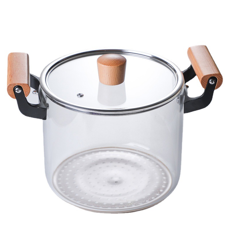 Transparent glass pot, induction cooker, soup pot, open flame, heat-resistant and high-temperature pot, stewing pot, wooden handle pot, double-ear steamer, soup pot Item Picture