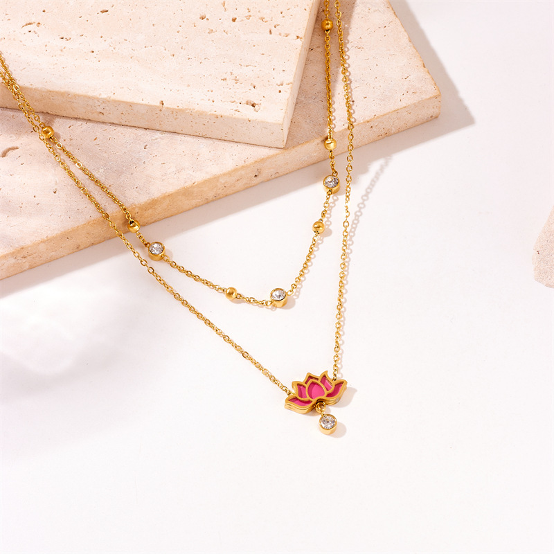 Korean version of a niche double-layer gold-plated and diamond-encrusted titanium steel chain oil-dripping lotus accessory necklace Specification drawing