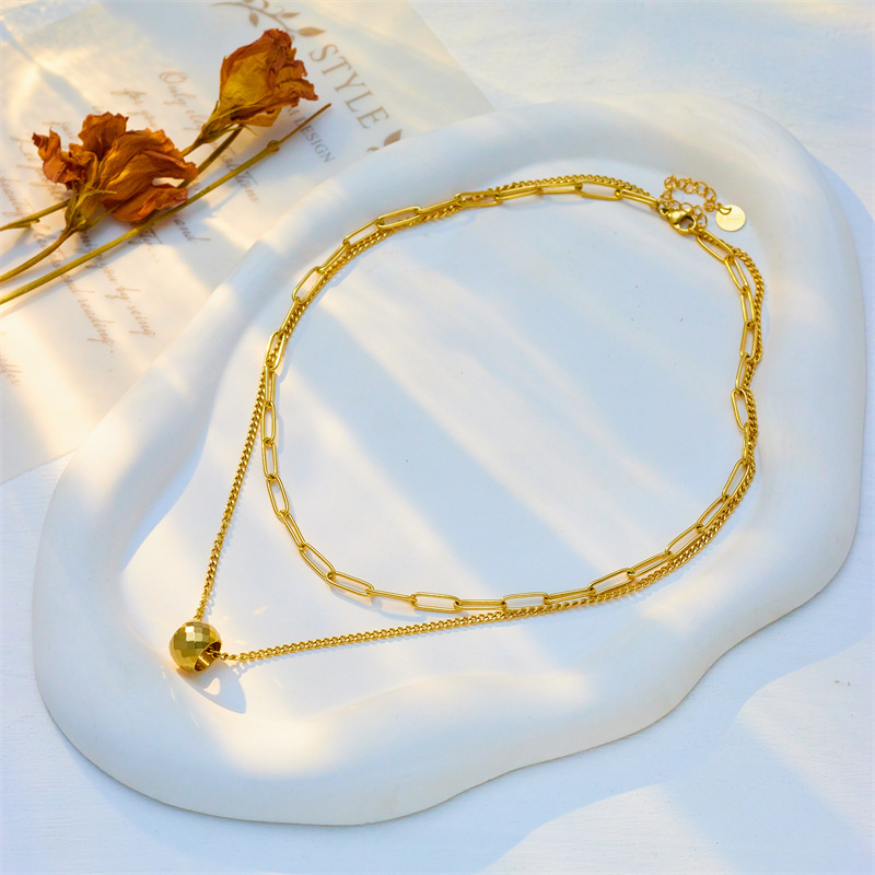 European and American fashion style, simple, light luxury, high-end double-layer overlapping cut surface round bead pendant chain titanium steel metal necklace Specification drawing