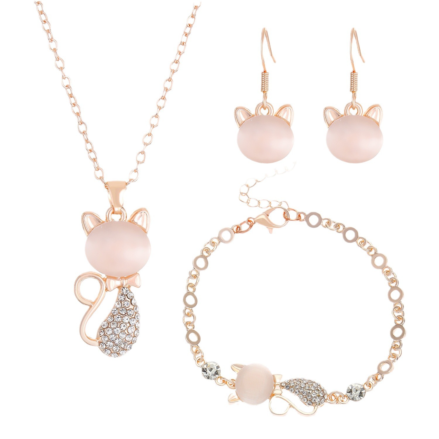 Cross-border fashion cat's eye stone cat earrings, necklaces, bracelets, women's light luxury and elegant jewelry set, European and American accessories Item Picture