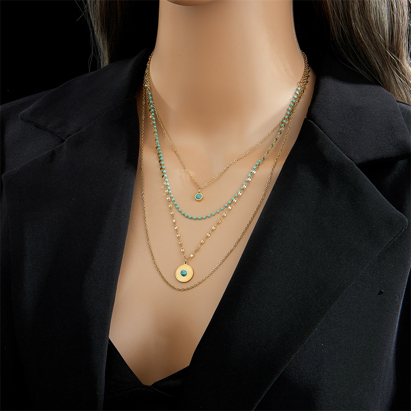 European and American cross-border niche design creative and personalized multi-layer irregular titanium steel round plate turquoise pendant chain necklace Specification drawing