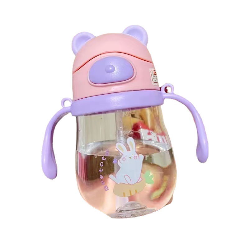 Infant cartoon bear straw cup, baby drinking cup, with handle, back rope and scale, children's water cup Item Picture