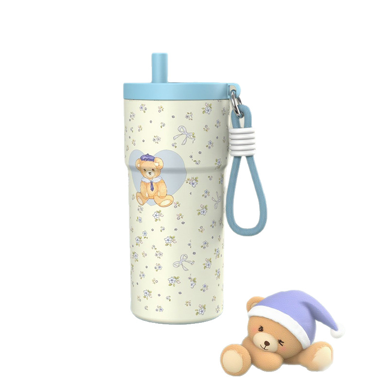 Stainless steel coffee cups, cartoon-style mugs, students carry straws, handles, water cups, milk tea cups, thickened 316 Item Picture