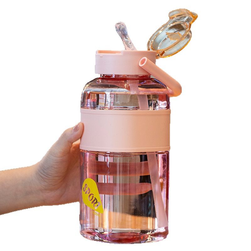 Summer large-capacity fitness plastic sports water bottle, outdoor portable straw cup, simple anti-scald silicone plastic cup Item Picture