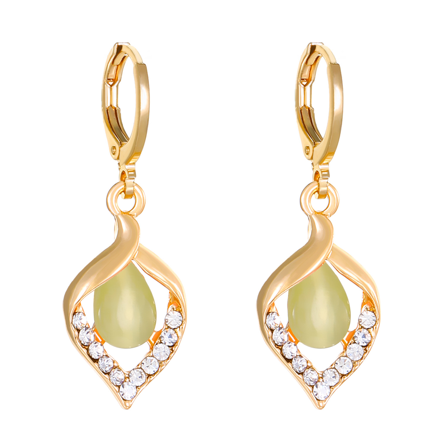 Angel Eye Cat's Eye Stone Earrings, French light luxury creative diamond-encrusted water drop earrings, European and American style diamond-shaped earrings trend Item Picture
