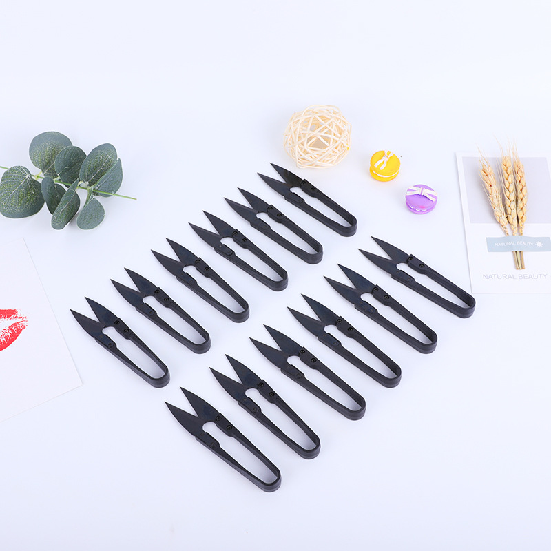 Wholesale high-carbon steel black plastic-handled cross-stitch thread cutters, household tailor small scissors, U-shaped yarn cutters details Picture