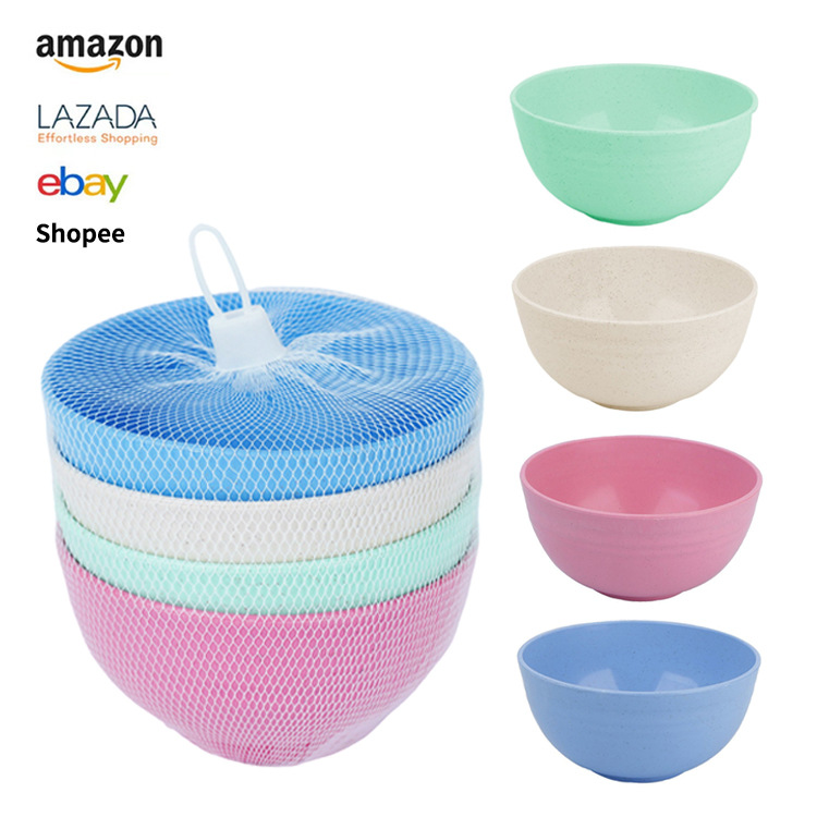 Cross-border wheat straw bowls, household net bag packaged tableware bowls, Amazon plastic round bowls available for wholesale from logo manufacturers full figure
