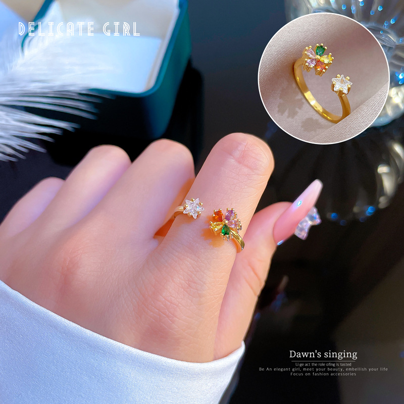 【 Real Gold 】 Diamond-encrusted flower-opening ring for women, a niche and simple design of Japanese and Korean index finger rings, a Internet celebrity full figure