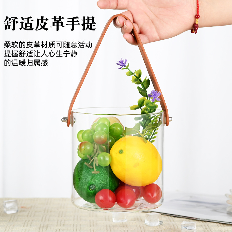Nordic transparent hand-held fruit basket, household glass water storage bucket, chilled cola and beer, high appearance level picnic hand-held basket Application Scenario
