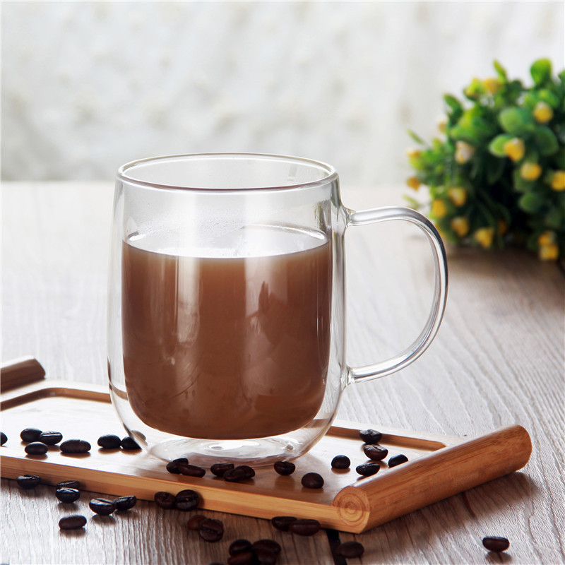 Wholesale transparent glass cups for household tea brewing, double-layer insulated milk coffee mugs with handles, double-layer glass cups Application Scenario