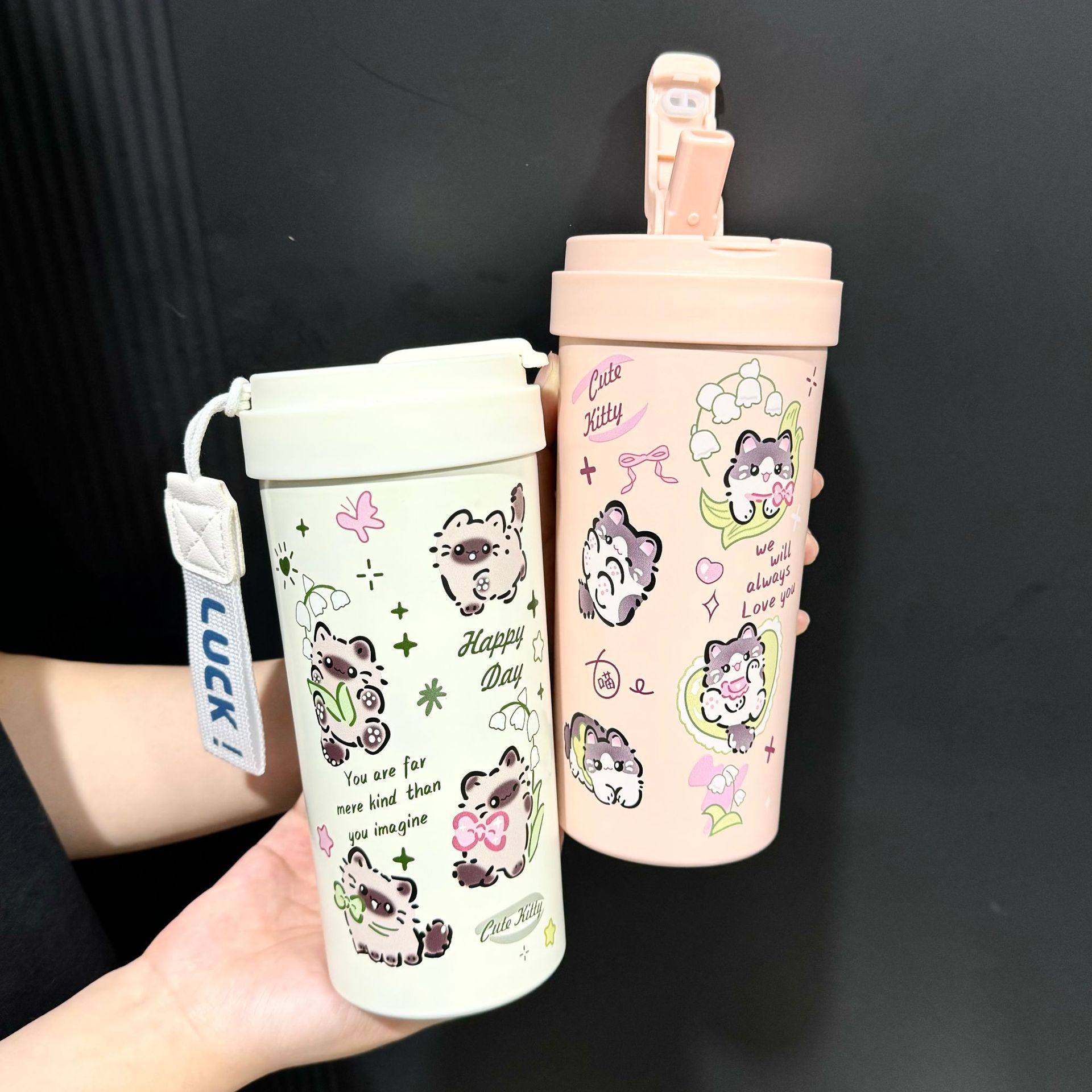 New cute insulated cup, 316 stainless steel coffee cup, portable double-drinking cup, men's and women's straw travel cup Specification drawing