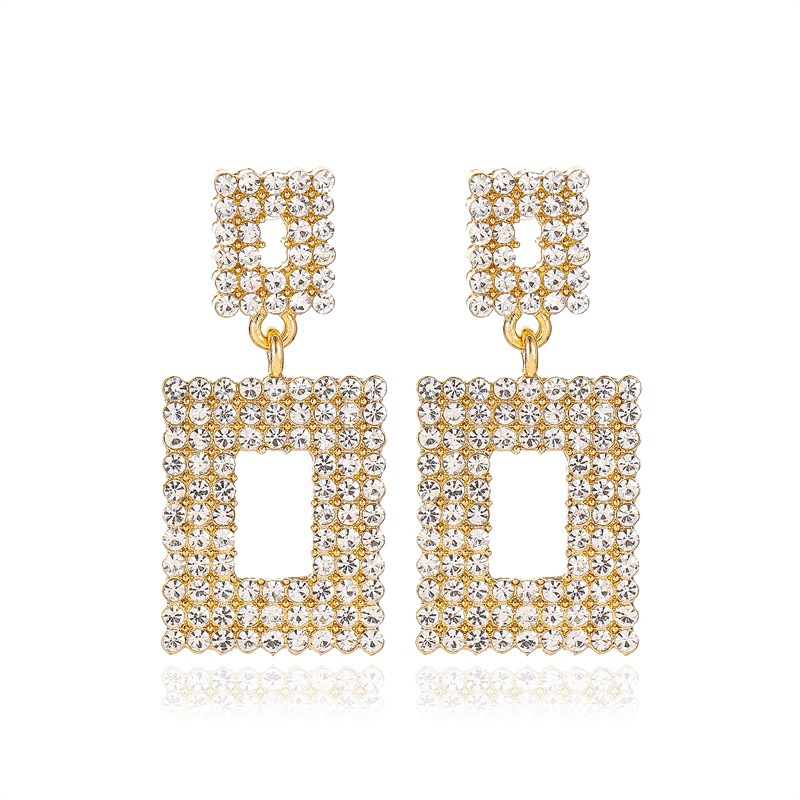 Cross-border best-selling earrings: Exaggerated long diamond geometric earrings, elegant socialite style, simple hollowed-out square earrings Item Picture