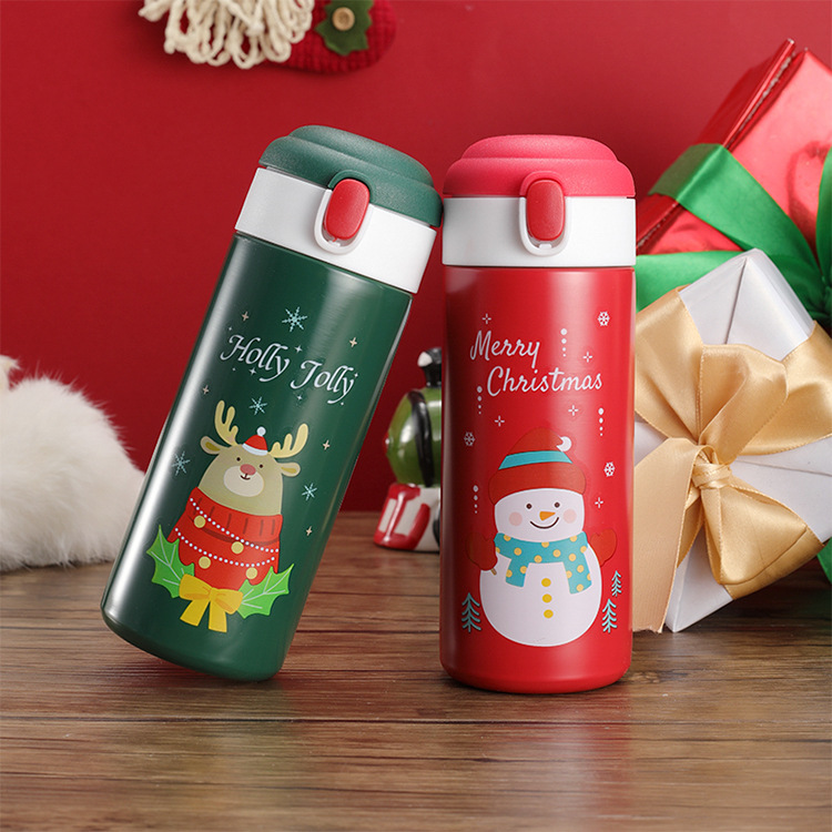 Christmas series cartoon insulated cups, snowman and elk printed lockable water cups, office and school straw cups full figure