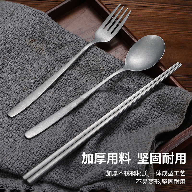 Retro-style Korean stainless steel chopsticks, spoons, barbecue restaurant forks, Western three-piece set tableware, aged snowflake grey full figure