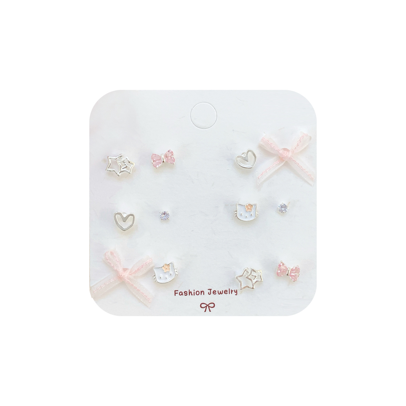Summer new cat-shaped heart-shaped ribbon bow stud earring set for women, small and exquisitely designed student earrings Item Picture
