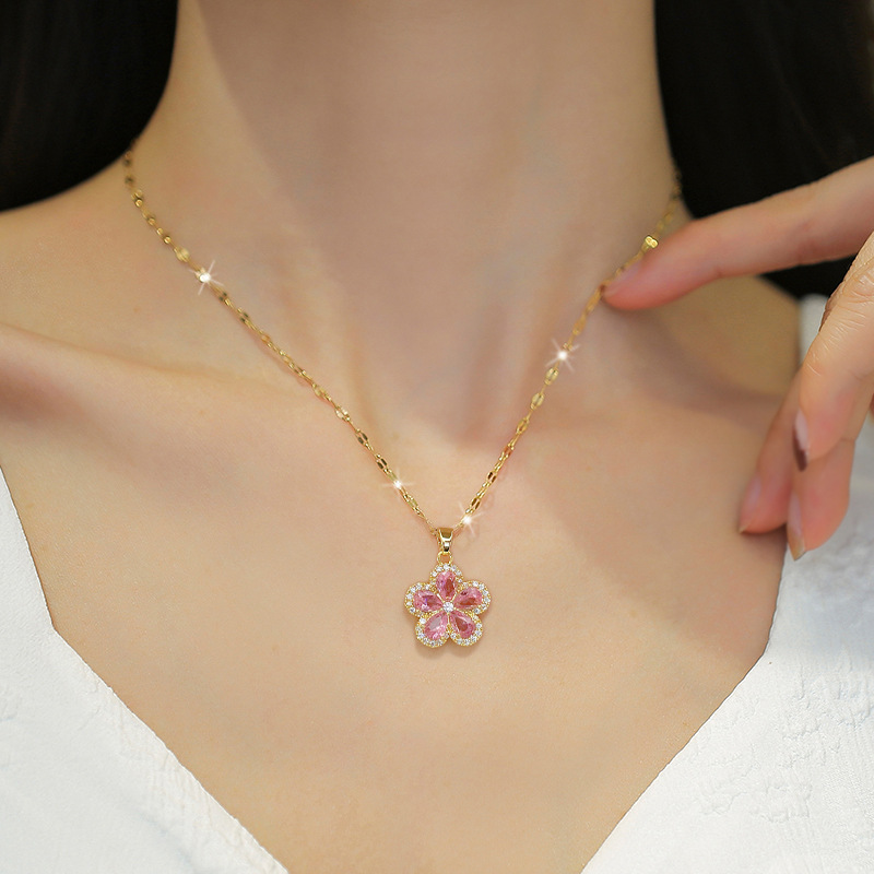 【 Titanium Steel 】 Five-leaf Flower Necklace Earring set, light luxury, micro-inlay, personalized and elegant banquet earrings and Necklaces combination details Picture