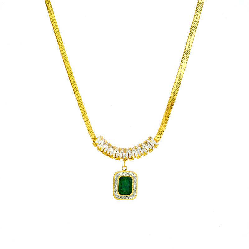 European and American fashion retro high-end cold style diamond-encrusted snake bone chain square green diamond pendant titanium steel jewelry necklace Item Picture