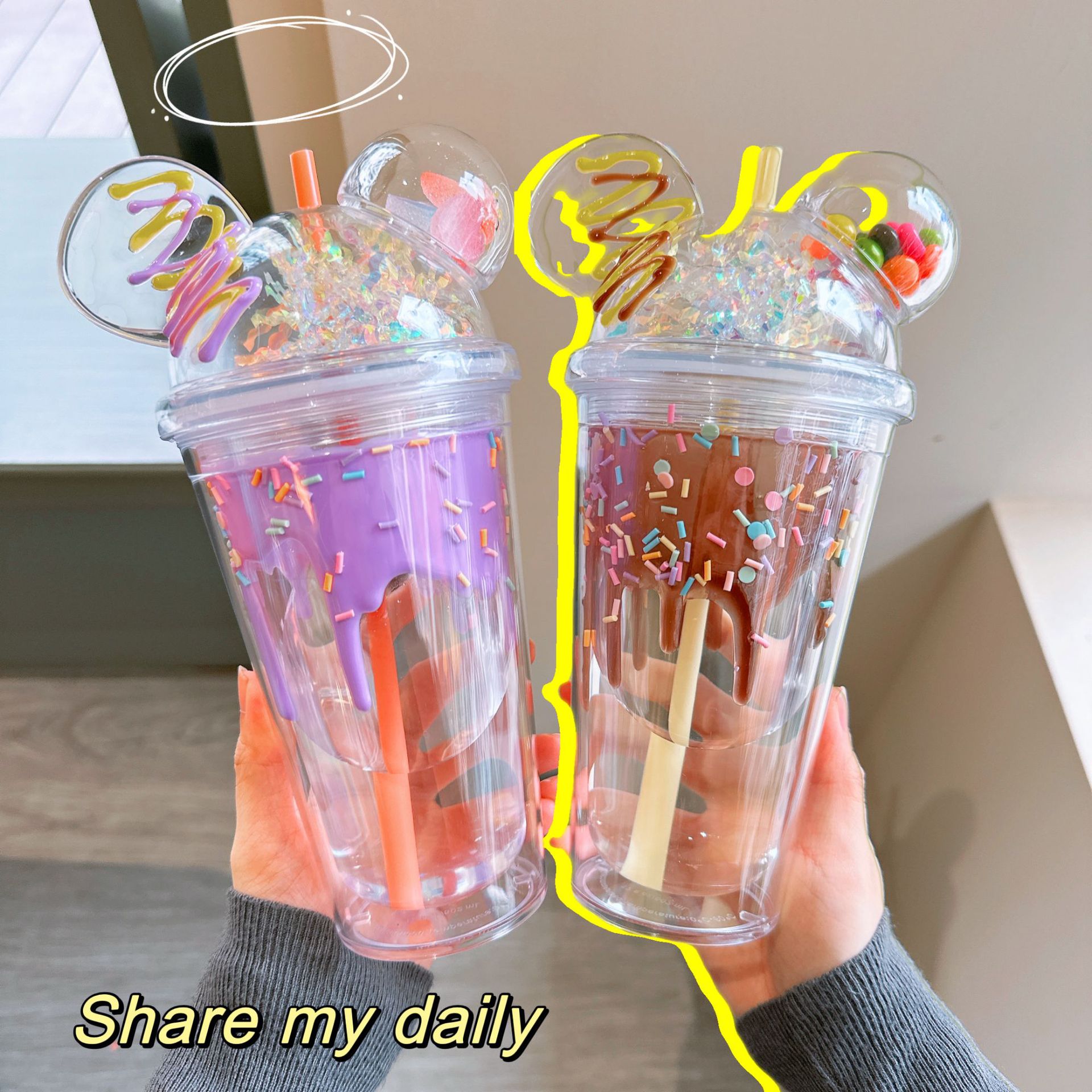 New summer straw cup, high appearance level, girls' office water cup, creative ice cream transparent double-layer plastic cup Specification drawing