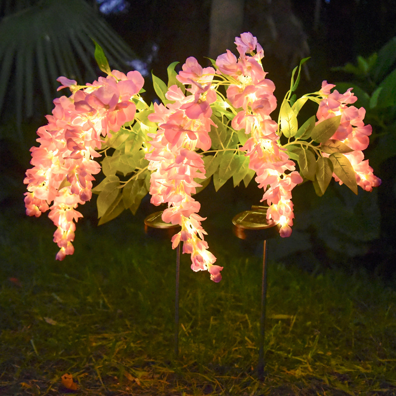 led solar wisteria flower lamp, four-head artificial flower lawn lamp, outdoor courtyard ground insert decorative garden landscape lamp details Picture