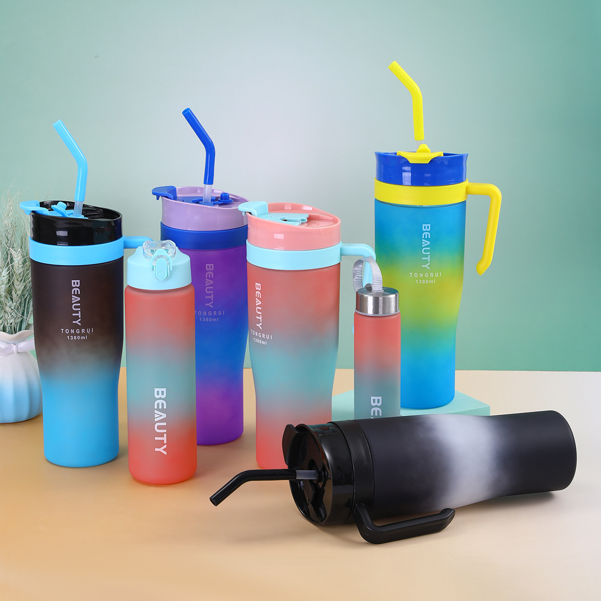 Cross-border 40oz three-piece set handle car cup, large-capacity sealed leak-proof straw cup, gradient color portable plastic cup details Picture