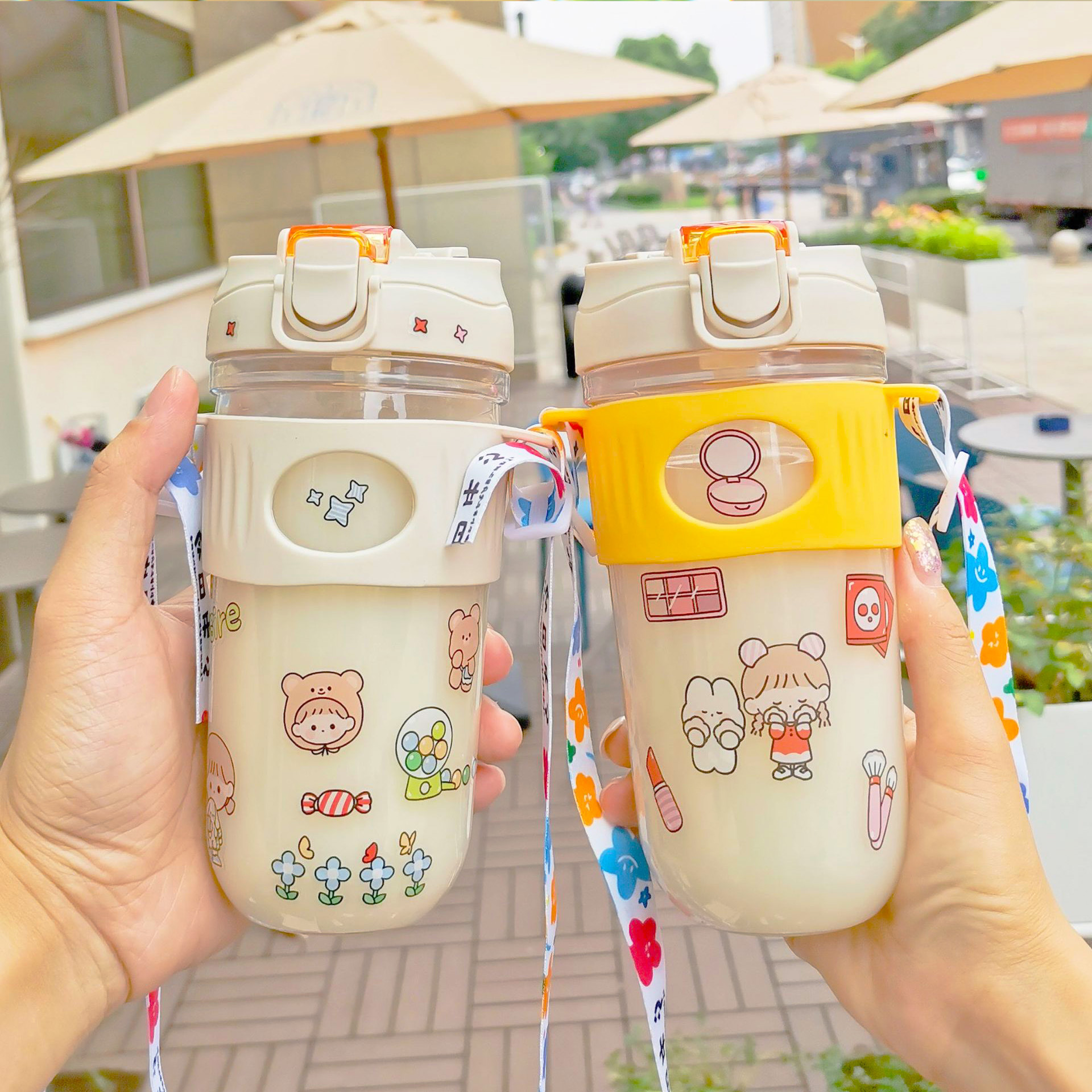 Anti-drop coffee cup, double-drinking cup with straw, popular portable water cup, student couple, office, outdoor, slanted cup sleeve, cup Specification drawing
