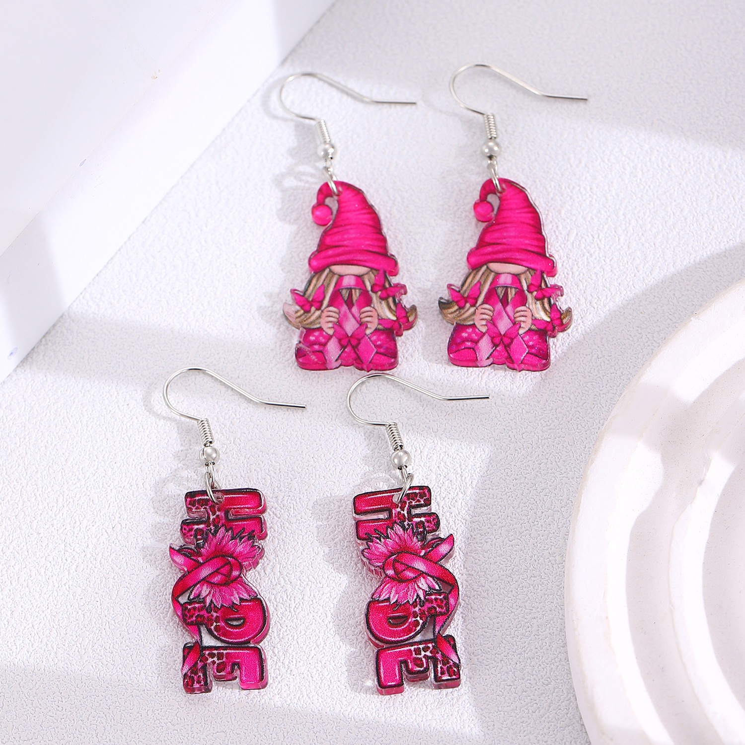 European and American cross-border pink bow ribbon dwarf hope acrylic earrings, women's leopard print letter earrings and earrings Specification drawing