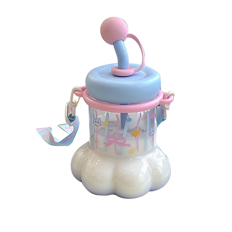 This cute cat-paw plastic cup has an adjustable rope for easy carrying. The cup body is designed with a silk-screened straw, making it a large-capacity drinking cup Item Picture