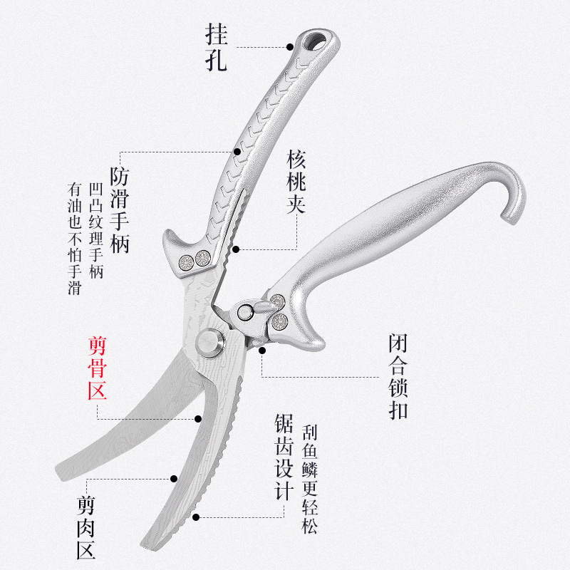 Stainless steel chicken bone scissors for picking walnuts and scraping fish scales, multi-purpose sharp sk5 kitchen bone cutting food scissors Specification drawing