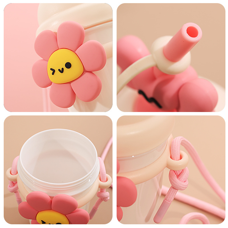 Popular cartoon straw plastic cup, high appearance level, drawstring, sun flower water cup, milk tea cup for boys, girls, students and children Specification drawing