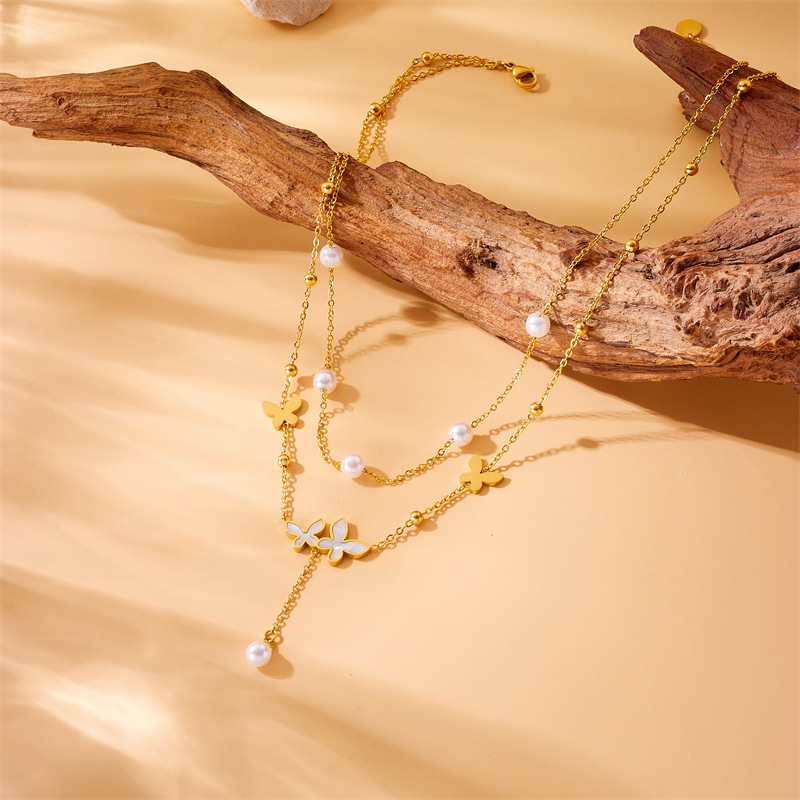 A fashionable, niche, retro and simple double-layer pearl butterfly accessory chain, stainless steel gold-plated jewelry necklace Specification drawing