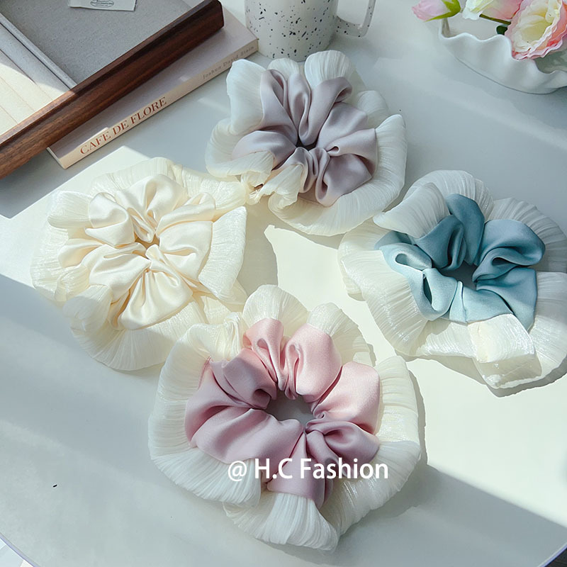 Wholesale of new Korean-style wrinkled edge silky large intestinal hair bands, double-layer satin high-end headwear, versatile hair accessories and hair bands full figure
