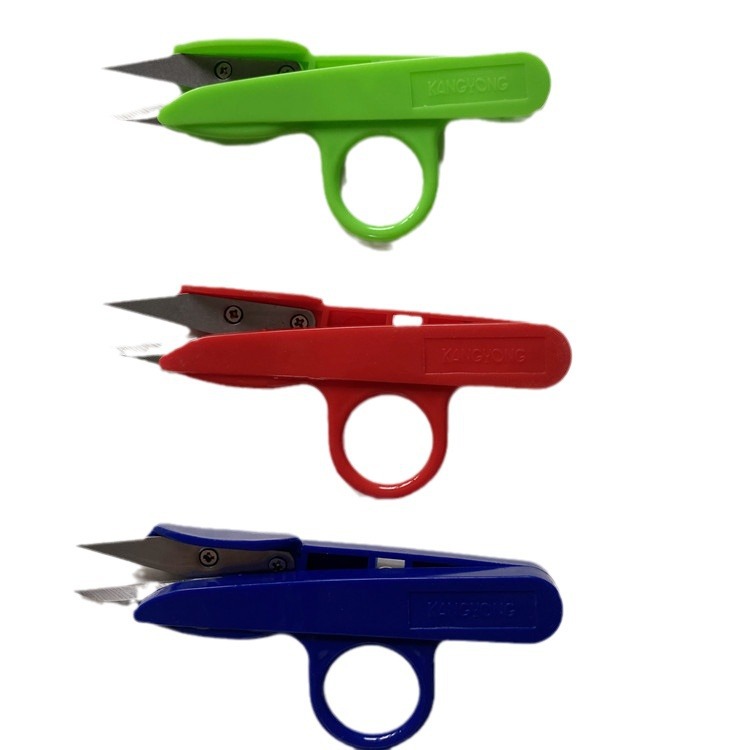 Colored plastic spring shears with loops, U-shaped shears, plastic handle shears, small scissors with thread ends, plastic handle shears Item Picture