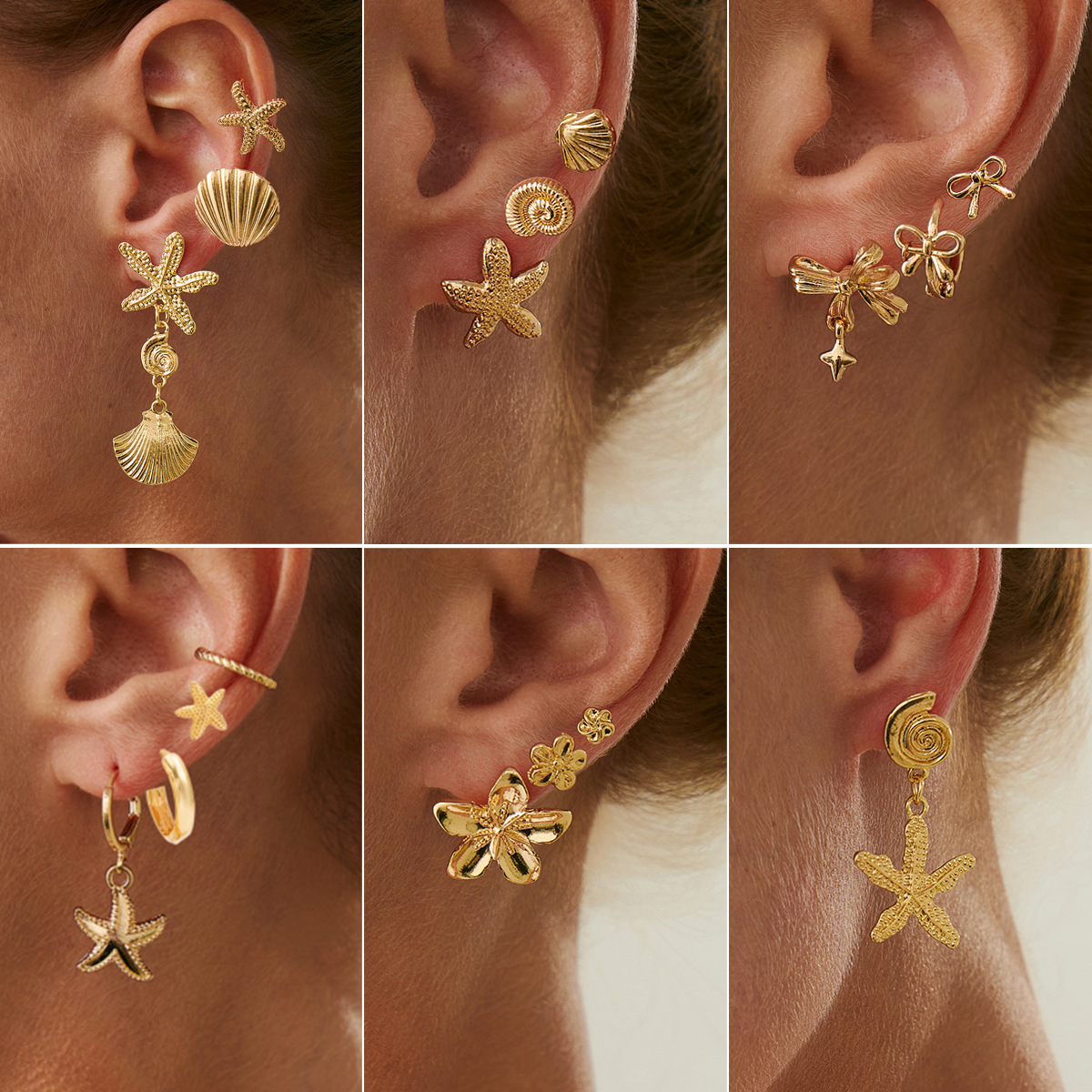 European and American ins cross-border vacation style flower starfish stud earrings set, sweet and cool light luxury small bow earrings accessory full figure