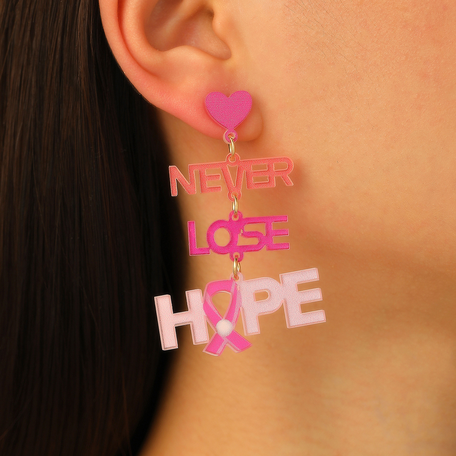 European and American cross-border acrylic English letter heart pink ribbon long stud earrings earrings, breast care earrings for women details Picture