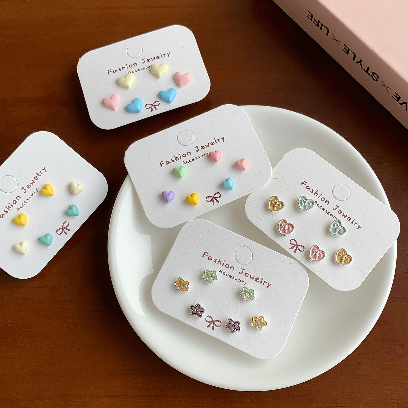 Fresh and small, colorful flower stud earrings set for women, silver needle, sweet heart-shaped oil, dopamine, student summer earrings Specification drawing