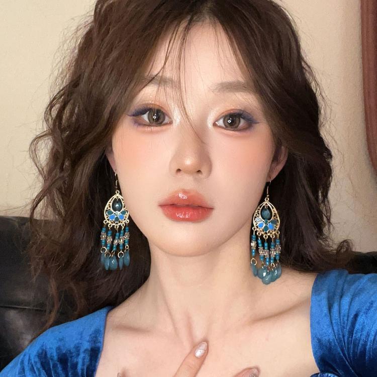 New Chinese-style ethnic style Su earrings, women's high-end feel, feather ear hooks, personalized, 2025 new high-end feel earrings Specification drawing
