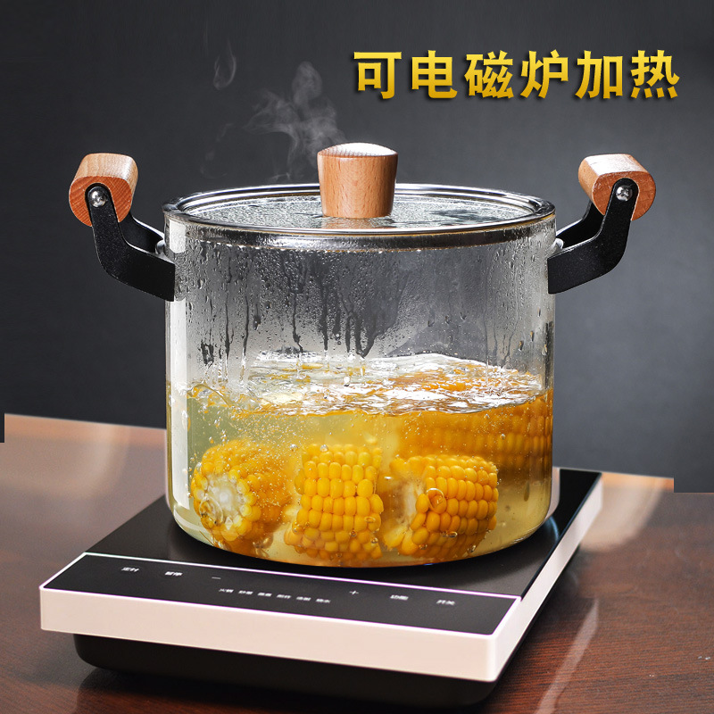 Transparent glass pot, induction cooker, soup pot, open flame, heat-resistant and high-temperature pot, stewing pot, wooden handle pot, double-ear steamer, soup pot details Picture